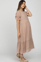 Pink Floral Pleated Chiffon Ruffle Short Sleeve Maternity Midi Dress