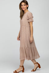 Pink Floral Pleated Chiffon Ruffle Short Sleeve Midi Dress