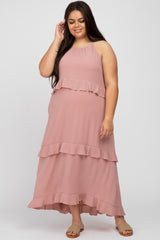 Pink Halter Neck Ruffle Accent Plus Maxi Dress