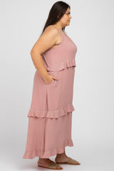 Pink Halter Neck Ruffle Accent Plus Maxi Dress