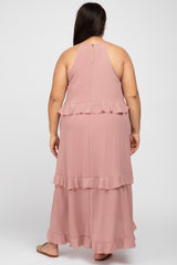 Pink Halter Neck Ruffle Accent Plus Maxi Dress