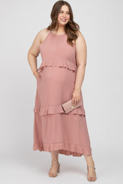 Pink Halter Neck Ruffle Accent Maternity Plus Maxi Dress