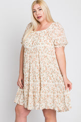 Ivory Floral Pleated Square Neck Plus Dress