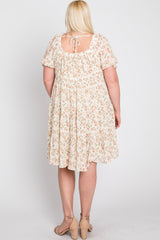 Ivory Floral Pleated Square Neck Plus Dress