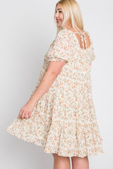 Ivory Floral Pleated Square Neck Plus Dress