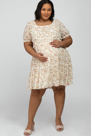 Ivory Floral Pleated Square Neck Maternity Plus Dress