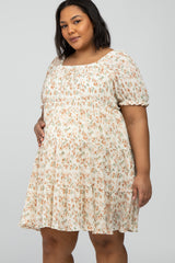 Ivory Floral Pleated Square Neck Maternity Plus Dress