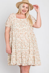 Ivory Floral Pleated Square Neck Plus Dress