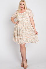 Ivory Floral Pleated Square Neck Plus Dress