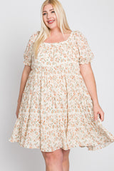 Ivory Floral Pleated Square Neck Plus Dress