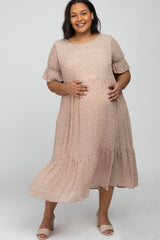 Pink Floral Pleated Chiffon Ruffle Sleeve Maternity Plus Midi Dress