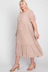 Pink Floral Pleated Chiffon Ruffle Sleeve Plus Midi Dress