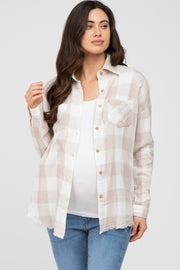 Taupe Plaid Button Front Long Sleeve Maternity Top