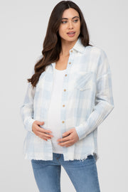 Light Blue Plaid Button Front Long Sleeve Maternity Top