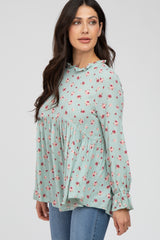 Mint Floral Ruffle Mock Neck Top