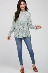 Mint Floral Ruffle Mock Neck Top