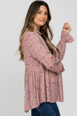 Mauve Floral Ruffle Mock Neck Maternity Top