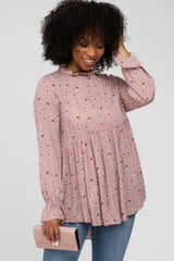 Mauve Floral Ruffle Mock Neck Maternity Top