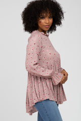 Mauve Floral Ruffle Mock Neck Top