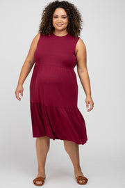 Burgundy Ribbed Sleeveless Plus Maternity Midi Dress