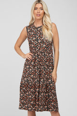 Black Floral Ribbed Sleeveless Midi Dress