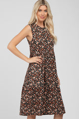 Black Floral Ribbed Sleeveless Midi Dress