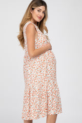 White Floral Ribbed Sleeveless Maternity Midi Dress