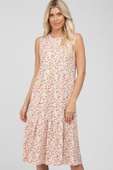 White Floral Ribbed Sleeveless Midi Dress