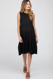 Black Ribbed Tiered Maternity Midi Dress