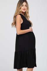 Black Ribbed Tiered Maternity Midi Dress