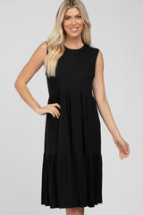 Black Ribbed Tiered Midi Dress