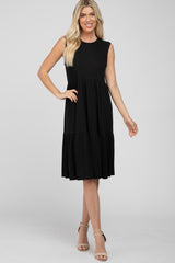 Black Ribbed Tiered Maternity Midi Dress