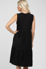 Black Ribbed Tiered Midi Dress