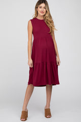 Burgundy Ribbed Tiered Maternity Midi Dress