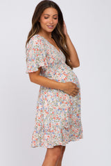 Blue Multi Floral Smocked V-Neck Maternity Dress