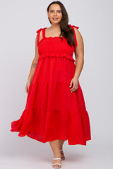 Red Smoked Tiered Plus Midi Dress