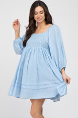 Light Blue Crochet Bubble Sleeve Maternity Dress