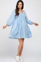 Light Blue Crochet Bubble Sleeve Maternity Dress