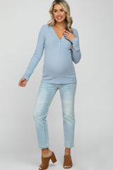 Light Blue Ribbed Button Front Long Sleeve Maternity Top