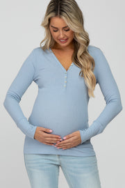 Light Blue Ribbed Button Front Long Sleeve Maternity Top