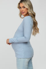 Light Blue Ribbed Button Front Long Sleeve Maternity Top