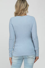 Light Blue Ribbed Button Front Long Sleeve Maternity Top