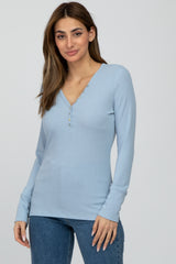 Light Blue Ribbed Button Front Long Sleeve Maternity Top