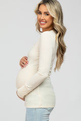 Cream Ribbed Button Front Long Sleeve Maternity Top