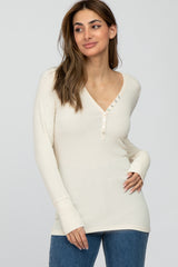 Cream Ribbed Button Front Long Sleeve Maternity Top