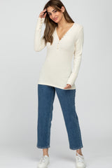 Cream Ribbed Button Front Long Sleeve Top