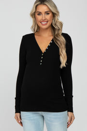 Black Ribbed Button Front Long Sleeve Maternity Top