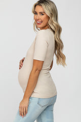 Taupe Ribbed Button Front Maternity Top