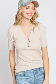 Taupe Ribbed Button Front Top