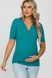 Teal Ribbed Button Front Maternity Top